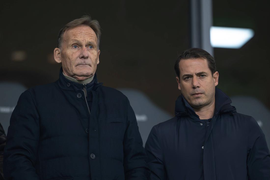 Hans-Joachim Watzke et Lars Ricken sont dans les tribunes lors d'un match du Borussia Dortmund